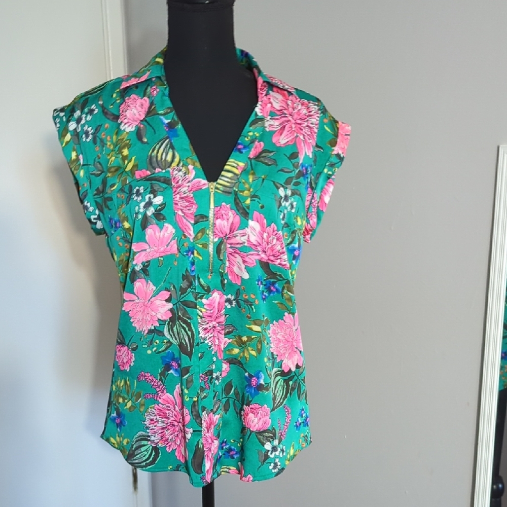 Express Green and Pink Floral Button Down Shirt